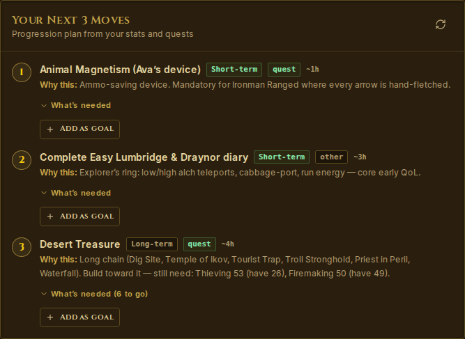 The dashboard's Your Next 3 Moves card: three recommended next steps with the reason for each and what's needed